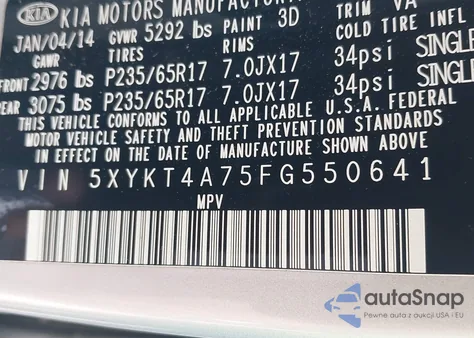 2015 Kia Sorento Lx V6 z USA, uszkodzony, nr VIN 5XYKT4A75FG550641